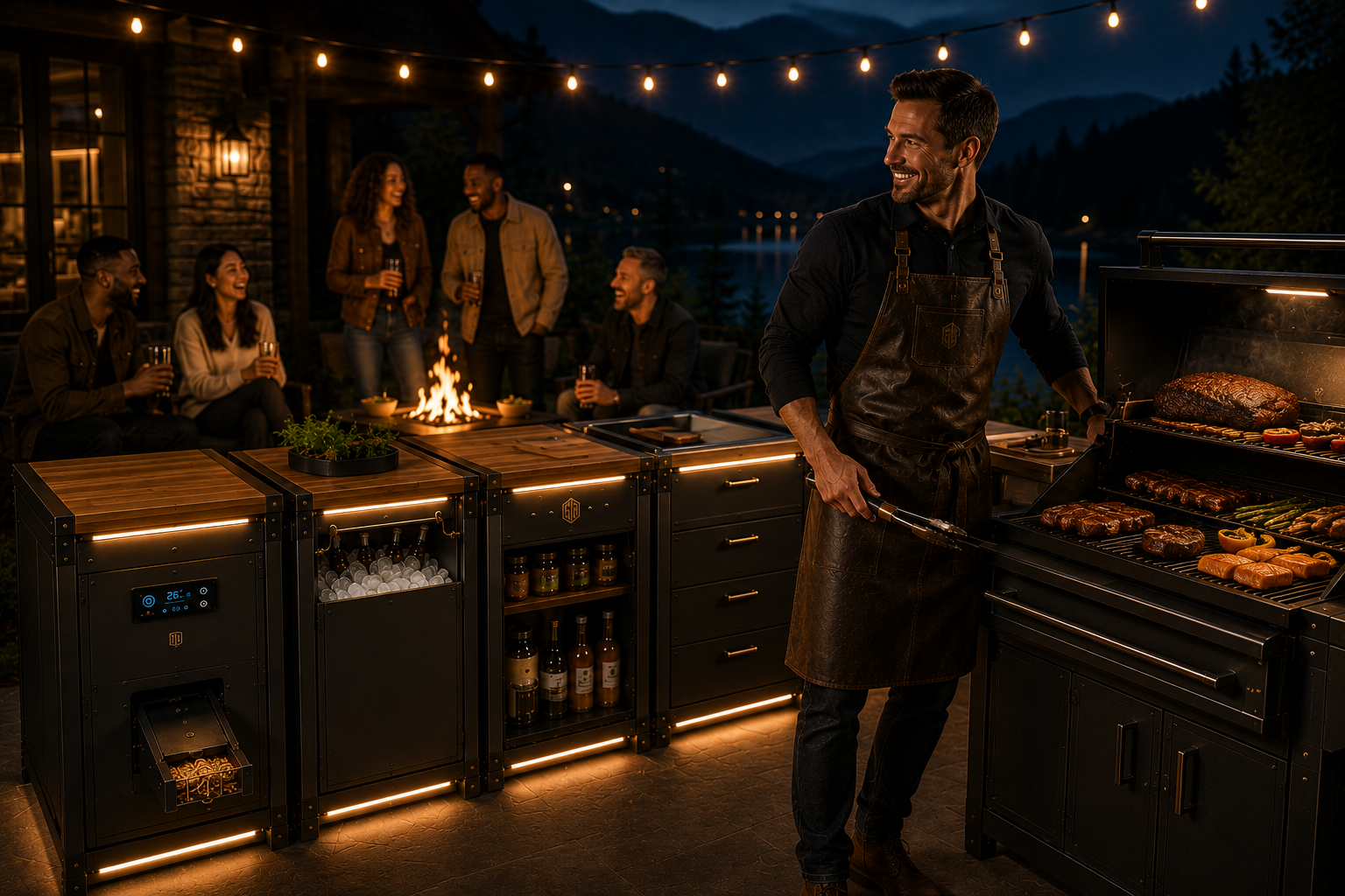 Pellet grill set up on a patio at night